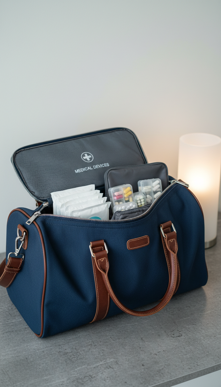 A close-up of an elegant, navy blue travel duffel bag crafted from water-resistant canvas with rich leather accents and silver hardware. The bag is carefully unzipped, revealing neatly packed medical supplies—sterile wipes, slim pill cases, and a discreet, labeled pouch designed for medical devices. Resting atop a textured stone hotel table, the setting is accented by neutral-colored walls and a muted glass lamp, indicating a modern travel environment. Subtle, cool artificial overhead lighting creates a sophisticated ambiance, with selective highlights on the bag's handles and fine stitching. Tight, centered photographic composition ensures crisp focus on organizational detail. The mood is orderly and discreet, aligning with a structured, clean, professionally styled image reflecting travel preparation for those managing chronic conditions.