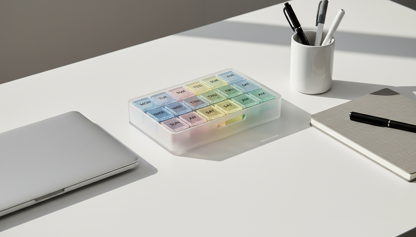 A neatly arranged, minimalist medication organizer made of frosted acrylic, holding various pastel-colored pill compartments with embossed labels, sits on a sleek, matte white desk surface. The surrounding environment is a clean, uncluttered workspace with a closed laptop, a neutral-toned spiral notebook, and a ceramic pen holder, all meticulously aligned to create a sense of structure. Soft diffused morning light filters in from an unseen window, casting gentle shadows that highlight the crisp lines and orderliness. The scene is captured from a slightly elevated eye-level angle, employing the rule of thirds for balanced composition. The mood is calm, professional, and reassuring. The photographic realism and clean lines lend a polished, corporate aesthetic, supporting the blog's focus on professional management of chronic illness.